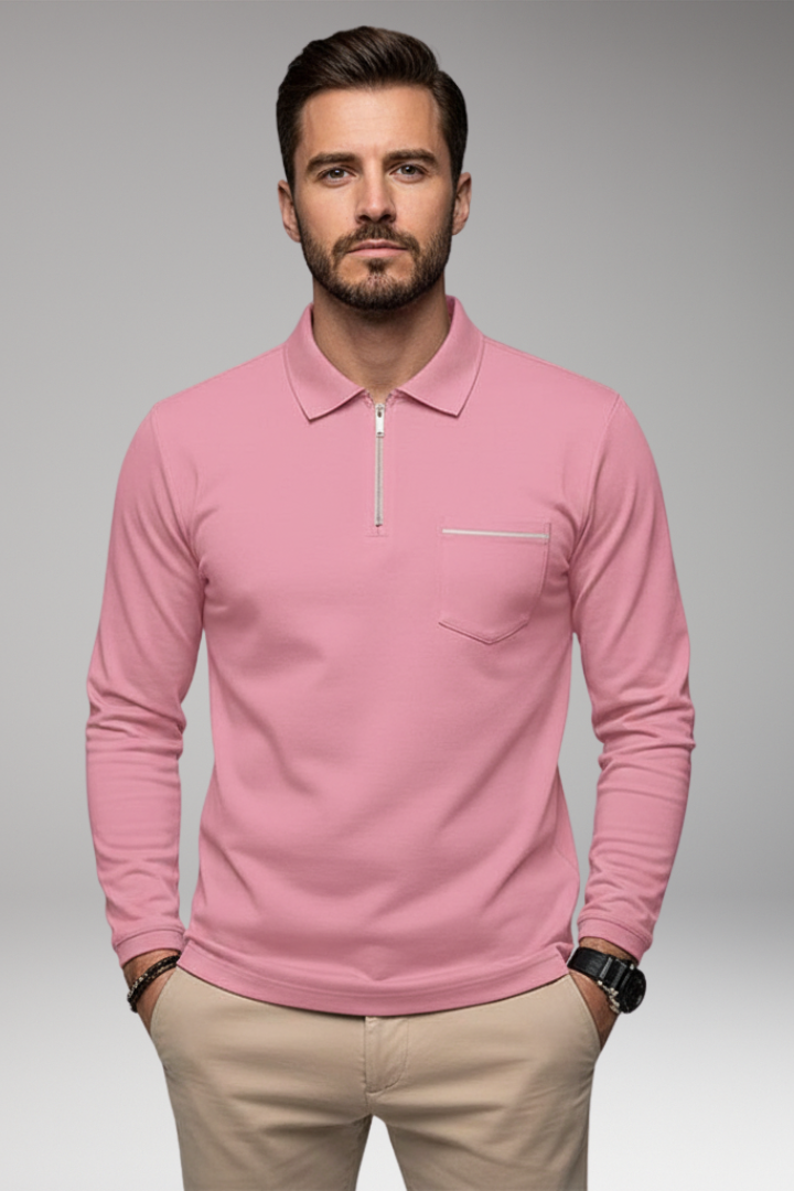 Men's Polo Shirt Long Sleeve Zip Pocket