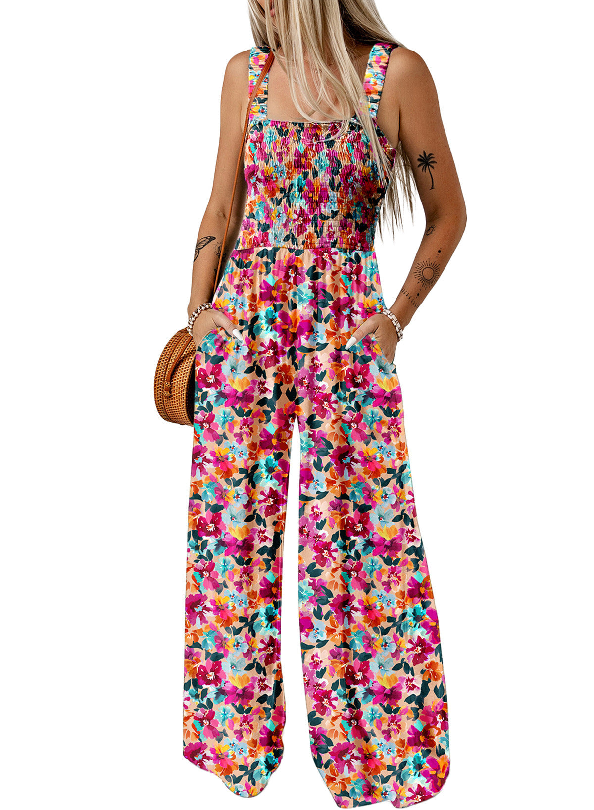 Women's Floral Jumpsuit Smocked Wide Leg - VibreMode