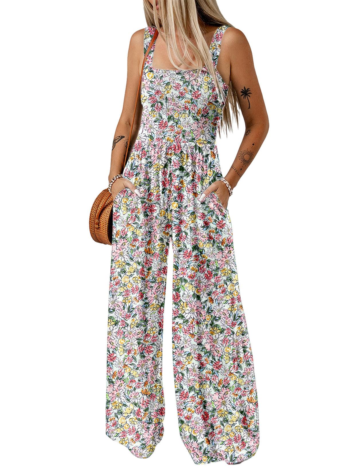 Image of Michaela | Women's Floral Smocked Wide Leg Jumpsuit