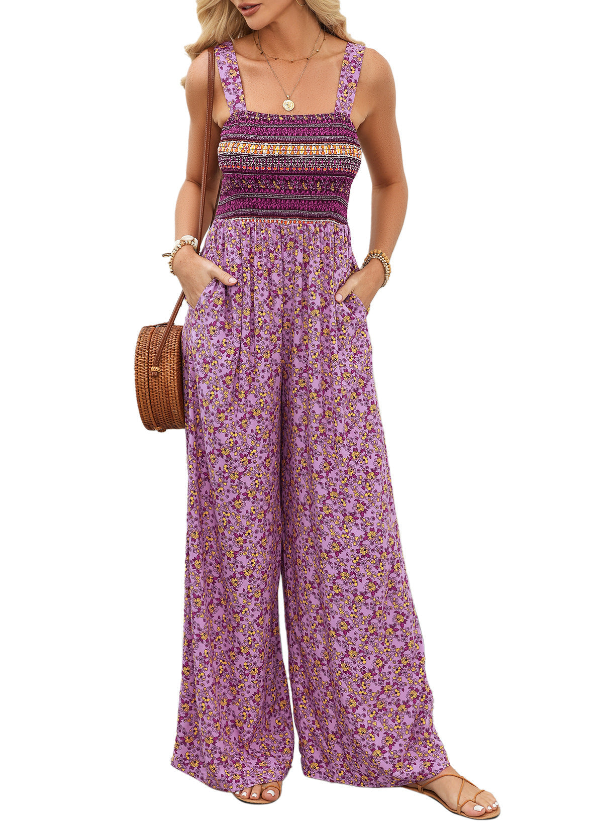 Image of Michaela | Women's Floral Smocked Wide Leg Jumpsuit