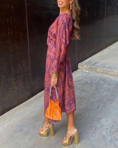 Casual V-Neck Midi Dress with Sleeves