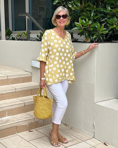 Women's V-Neck Polka Dot Relaxed Fit Blouse - VibreMode