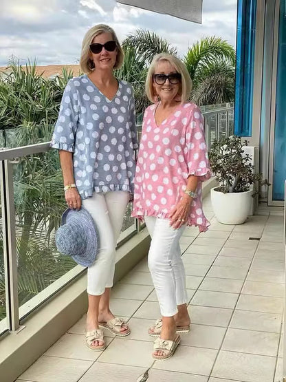 Image of Nicolette | Women's V-Neck Polka Dot Relaxed Fit Top