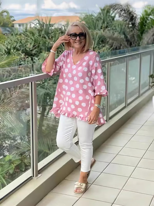 Image of Nicolette | Women's V-Neck Polka Dot Relaxed Fit Top
