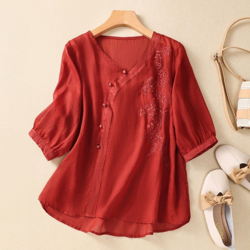 Women's V-Neck Embroidered Blouse - VibreMode