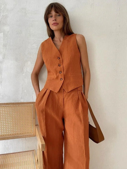 Women's Two Piece Set V-Neck Vest High Waist Pants