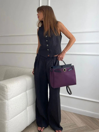 Women's Sleeveless Vest Wide Leg Pants Set Button Front