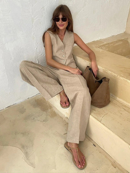 Women's Two Piece Set V-Neck Vest High Waist Pants
