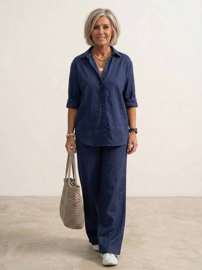 Vivian Women's Button-Down Shirt And Pants Set - VibreMode