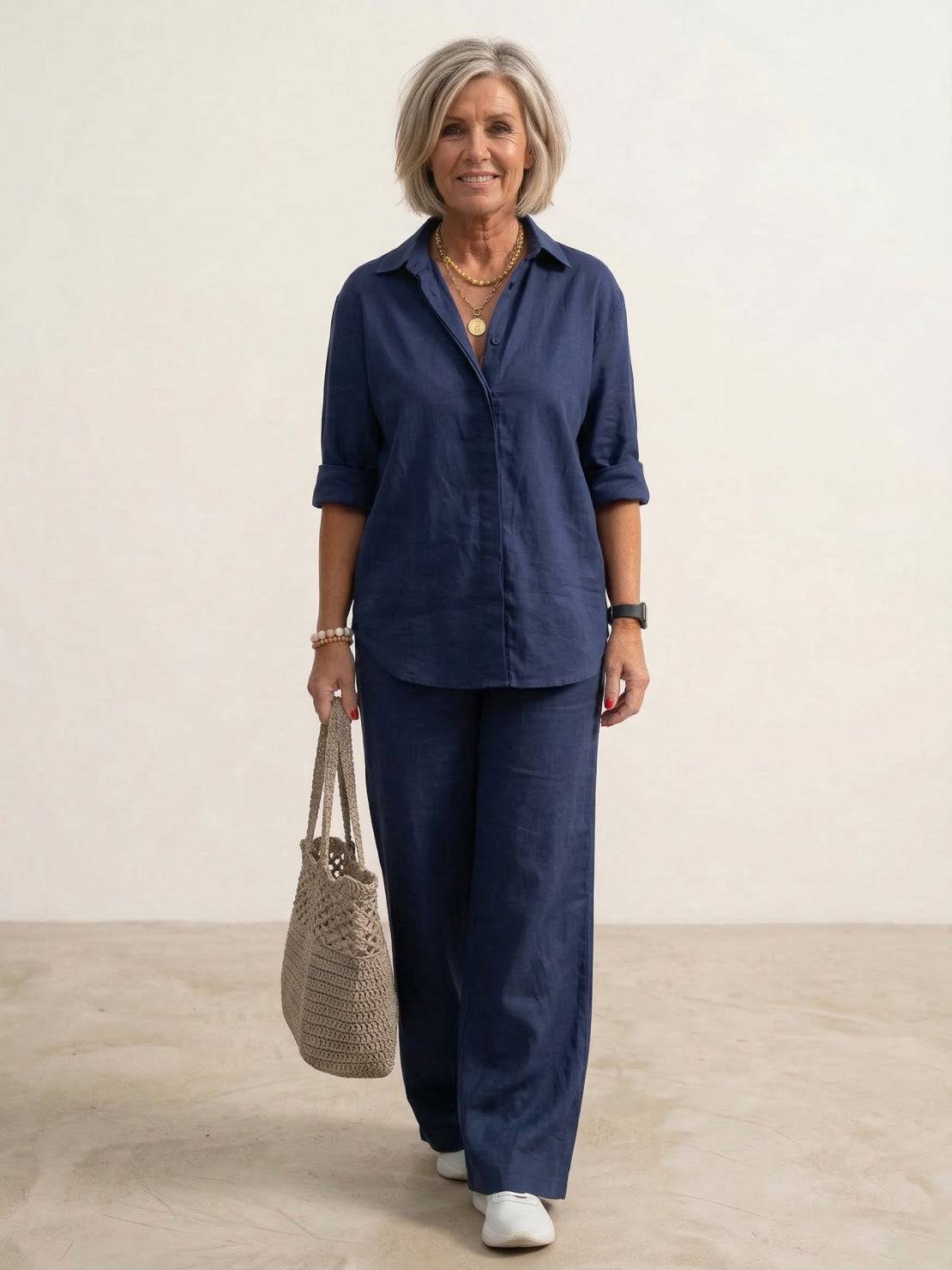Relaxed Fit Women's Button-Down Shirt Pants Set - VibreMode