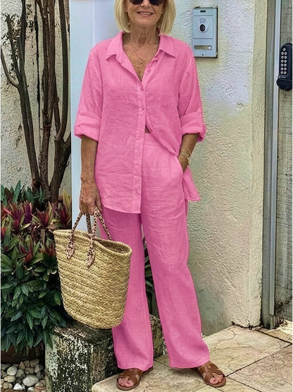 Relaxed Fit Women's Button-Down Shirt Pants Set