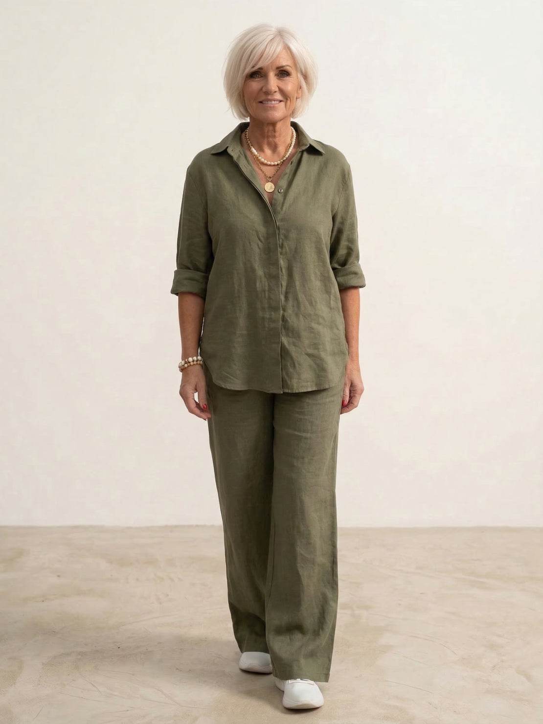 Relaxed Fit Women's Button-Down Shirt Pants Set