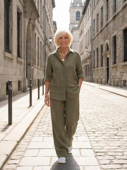 Relaxed Fit Women's Button-Down Shirt Pants Set