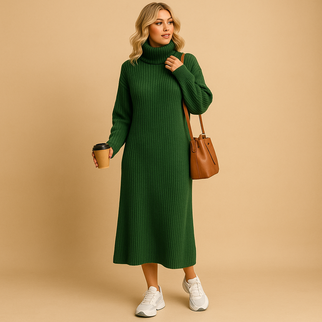 Oversized knitted sweater dress for women with soft fabric and relaxed fit, perfect for cozy autumn and winter outfits.