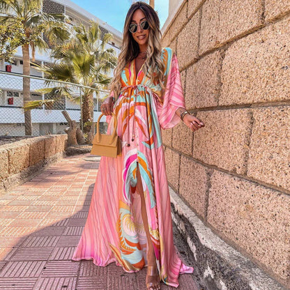 Women's V-Neck Maxi Dress Slit Detail - VibreMode
