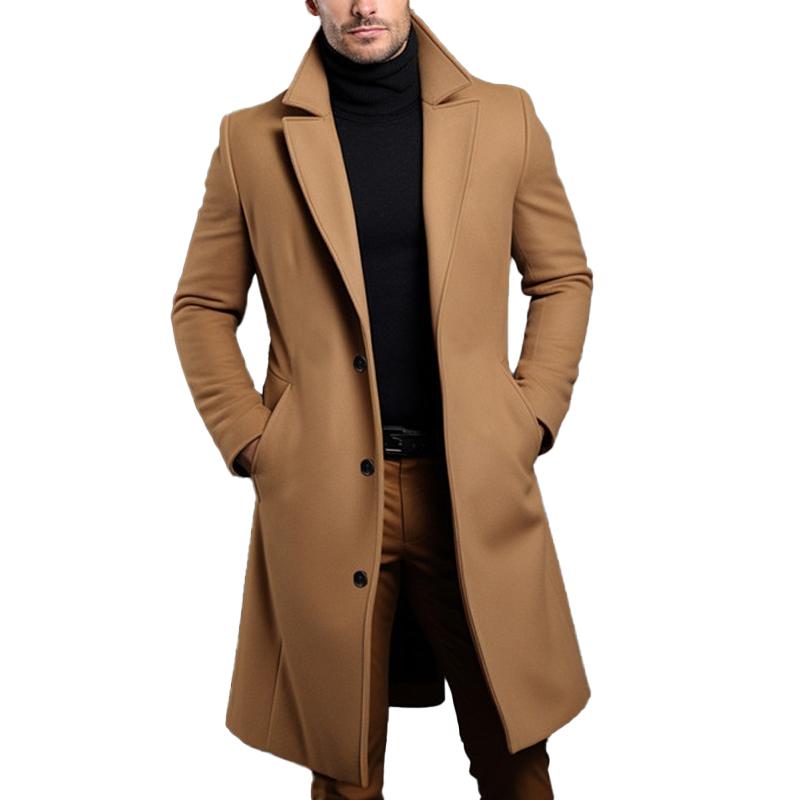 Men's Single-Breasted Coat Mid-Length Notch Lapel Solid Color - VibreMode