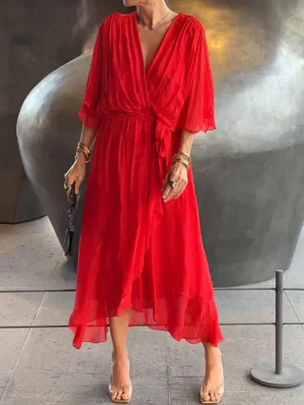 Women's Silk V-Neck Dress Elegant Soft