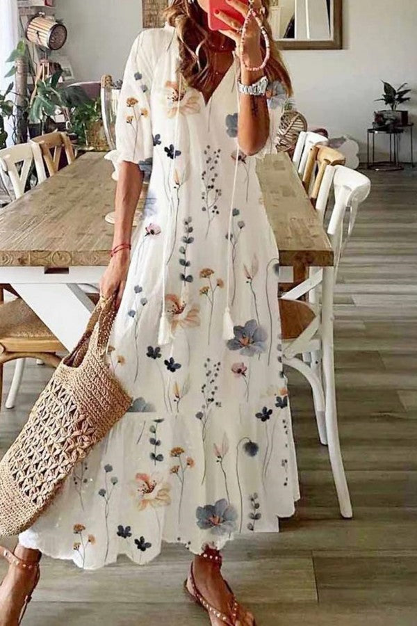 Women's V-Neck Maxi Dress Floral Print Boho Style - VibreMode