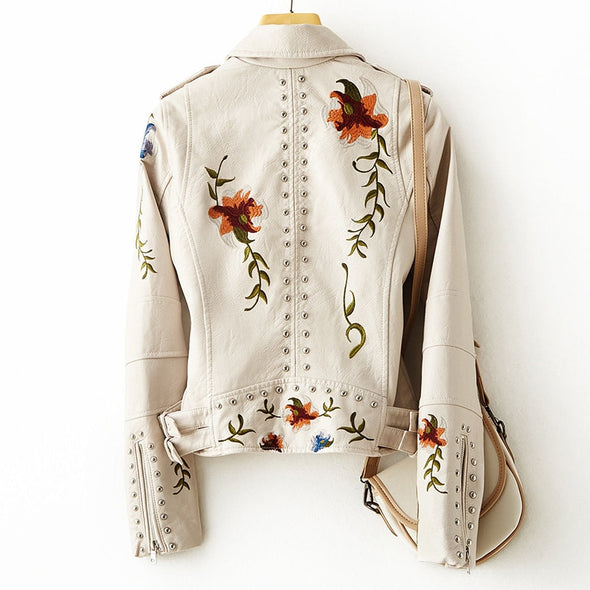 Women's Leather Jacket Embroidered With Studs Black