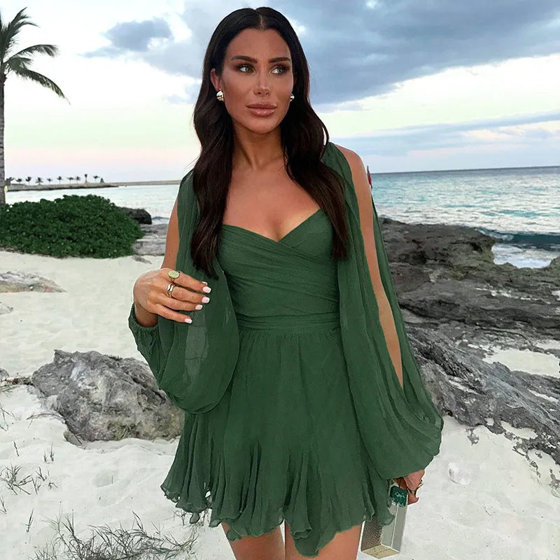 Women's Sweetheart Mini Dress Ruffle Hem Split Sleeves
