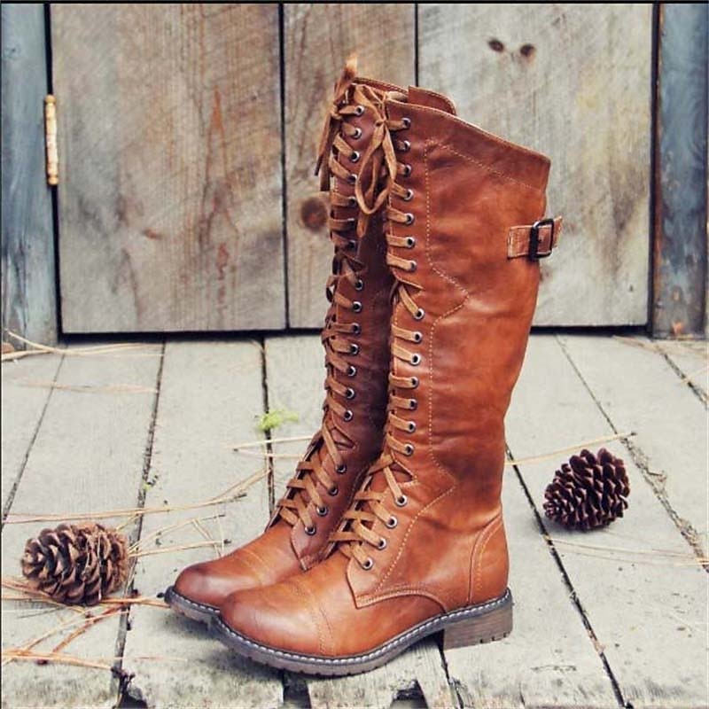 Women's Knee High Lace Up Boots Tall Design - VibreMode