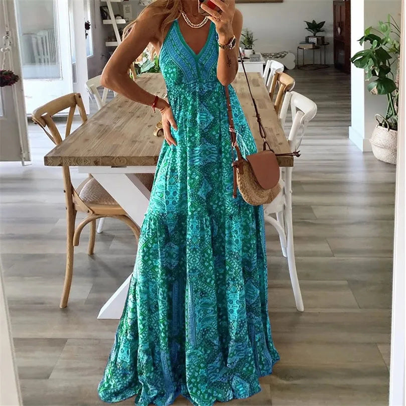 Women's V Neck Maxi Dress Flowy Boho Style - VibreMode