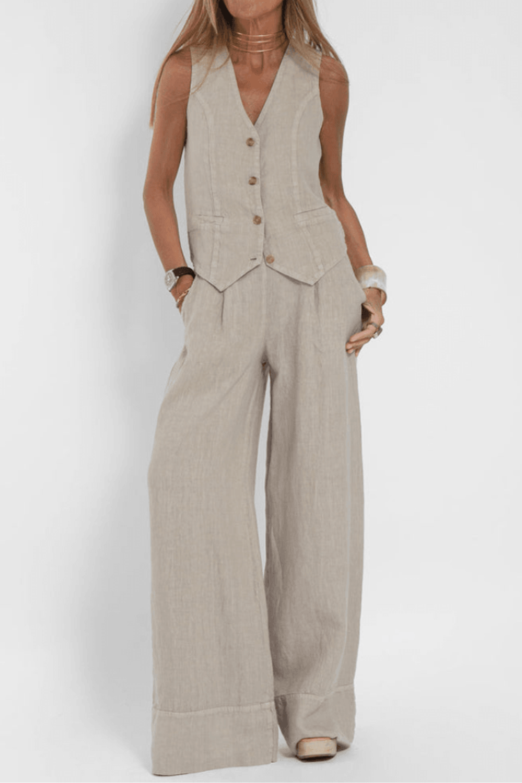 Women's Button Down Vest And Pants Set - VibreMode