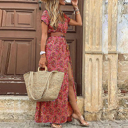 Women's V-Neck Maxi Dress Boho Patterned