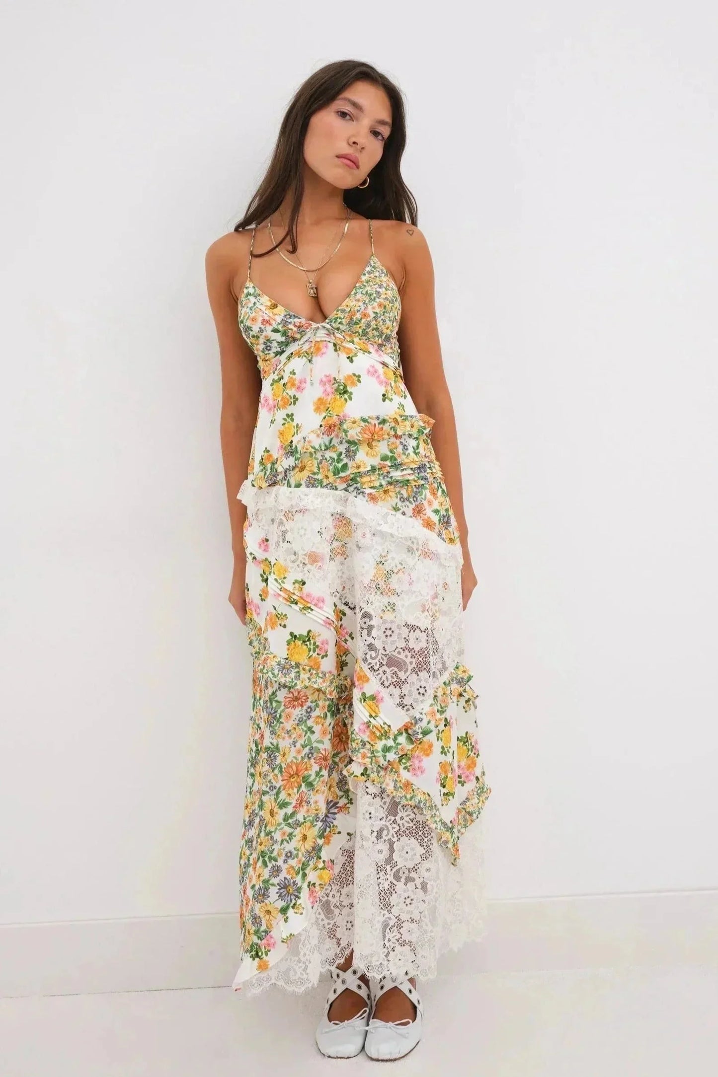 Women's Floral Print Lace Long Dress - VibreMode