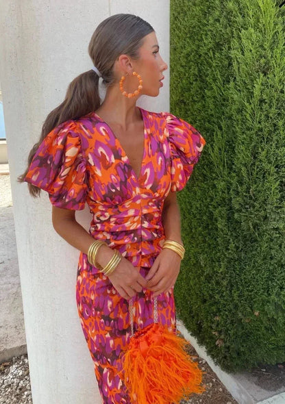 Women's Midi Dress Puff Sleeves V-Neck