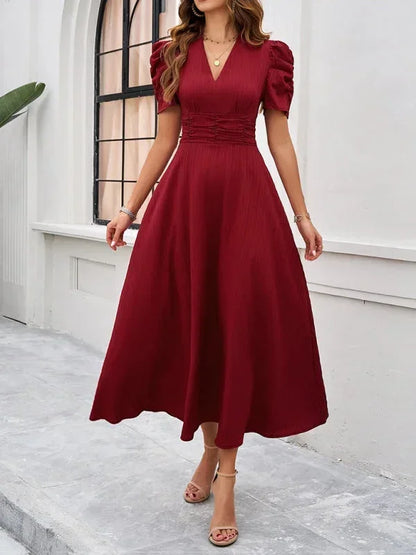 Women's Midi Dress V-Neck Puff Sleeves