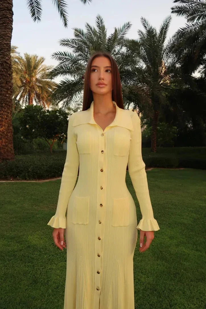 Women's Midi Dress Long Sleeves Button Front