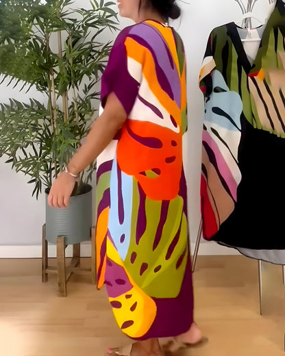 Women's V-Neck Abstract Print Midi Dress