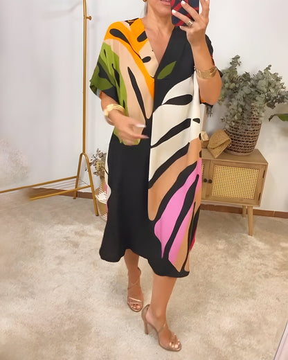 Women's V-Neck Abstract Print Midi Dress
