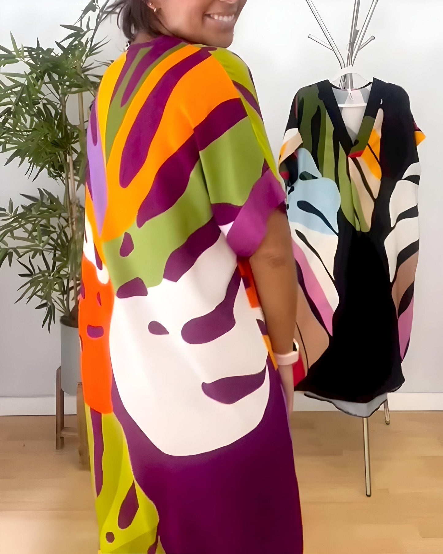Women's V-Neck Abstract Print Midi Dress