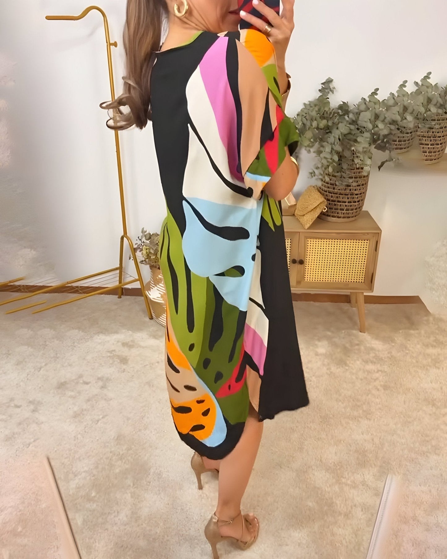 Women's V-Neck Abstract Print Midi Dress