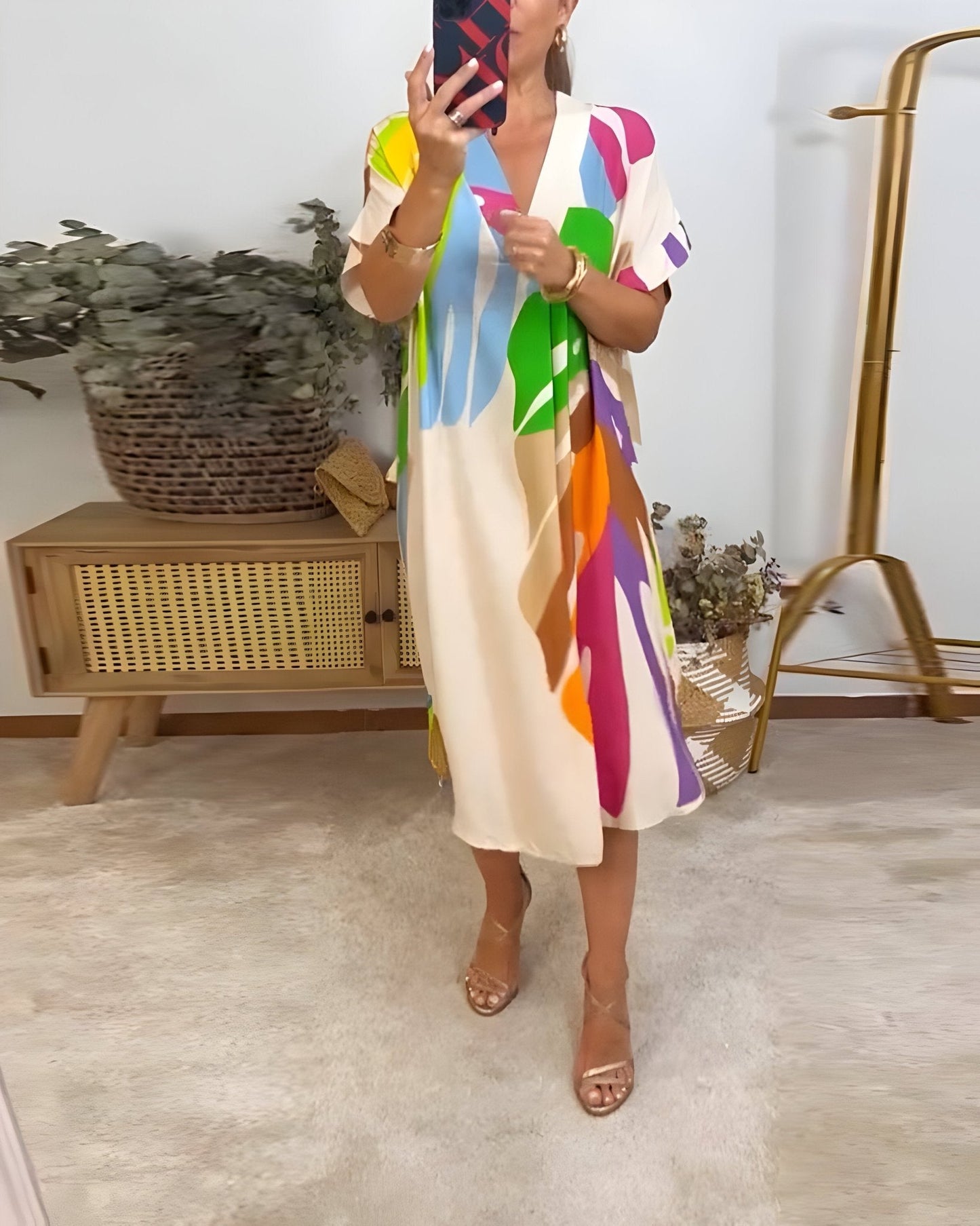 Women's V-Neck Abstract Print Midi Dress