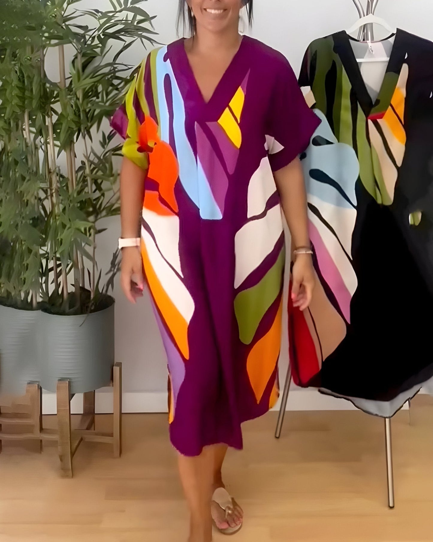 Women's V-Neck Abstract Print Midi Dress