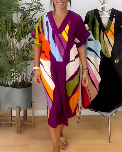 Women's V-Neck Abstract Print Midi Dress