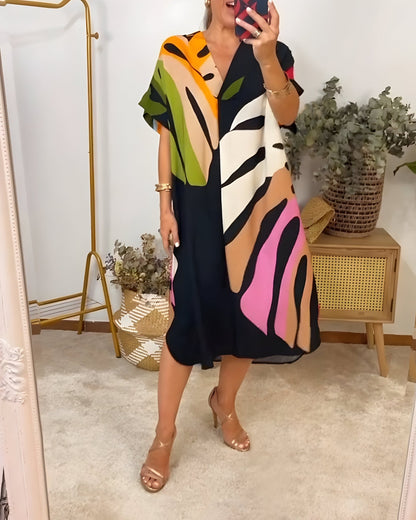 Women's V-Neck Dress Wide Kimono Sleeves - VibreMode