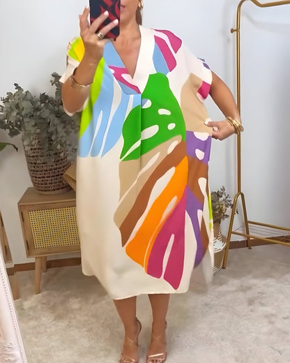 Women's V-Neck Abstract Print Midi Dress
