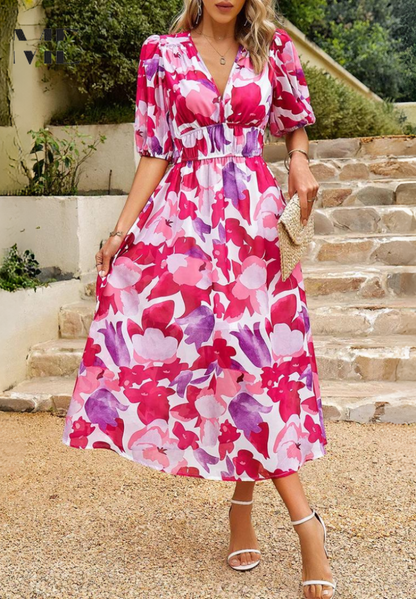 Image of Rosie | Women's Floral V-Neck A-Line Midi Dress