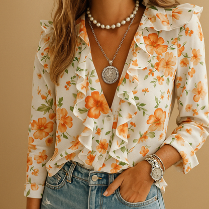 Women's Ruffle Blouse Butterfly Print - VibreMode