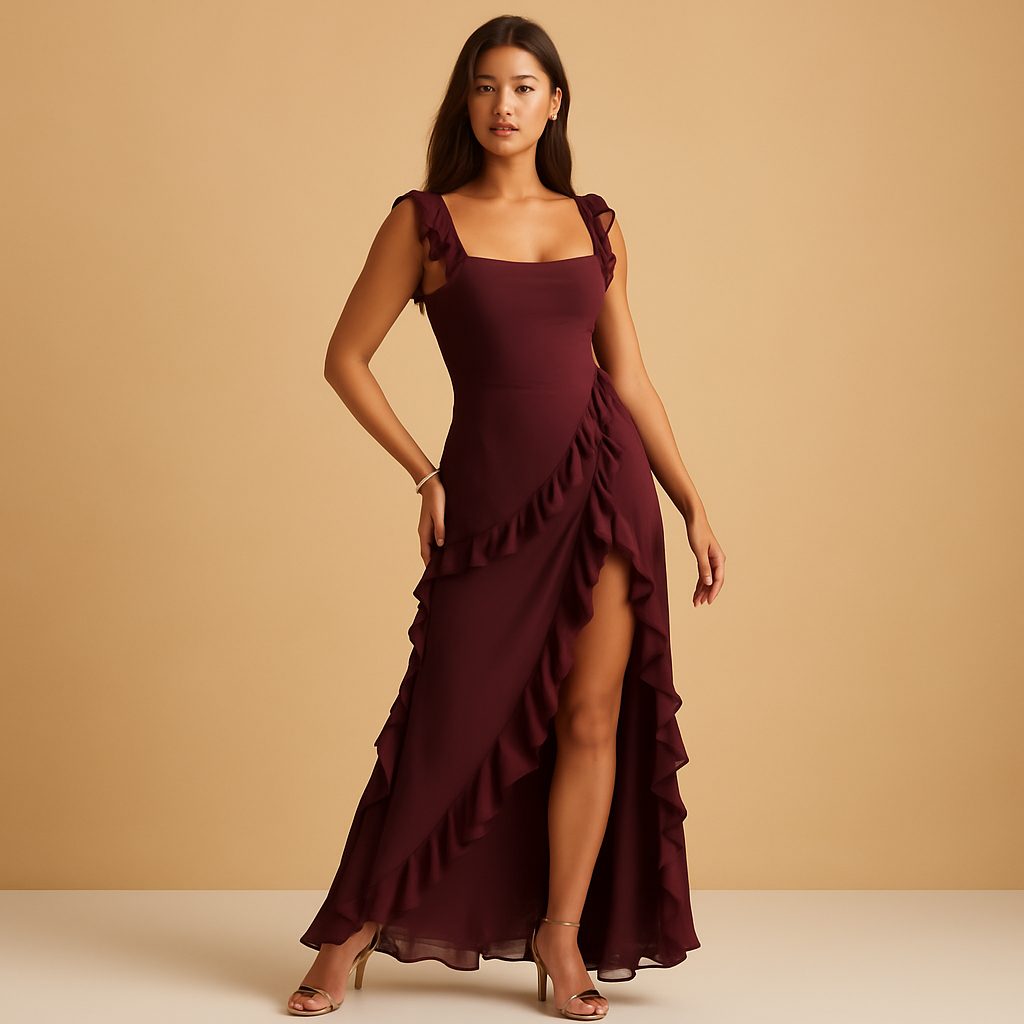 Women’s ruffle maxi dress with adjustable straps and high slit, perfect for formal events, summer evenings, and elegant occasions.