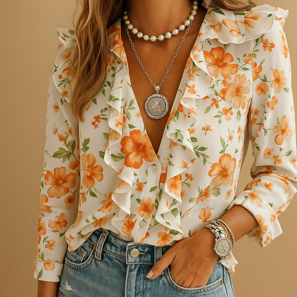 Women's Ruffled Butterfly Print Blouse - VibreMode