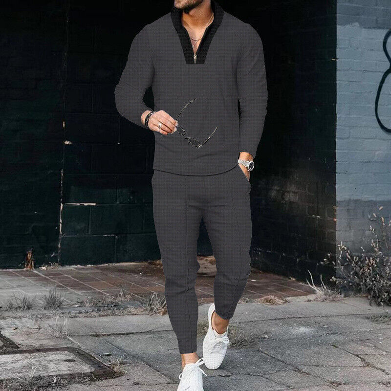 Men's Quarter-Zip Long Sleeve and Tapered Pants Textured Set
