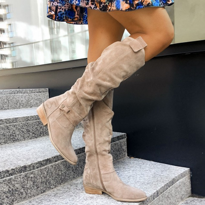 Women's Knee-High Boots Low Heel Side Zip Black - VibreMode