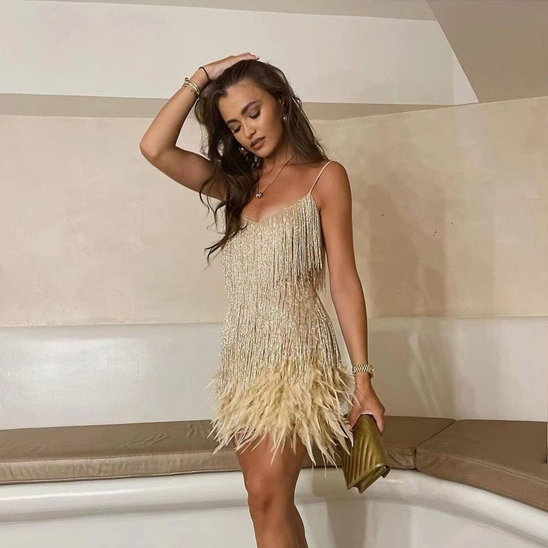 Women's V-Neck Mini Dress Spaghetti Straps Fringe
