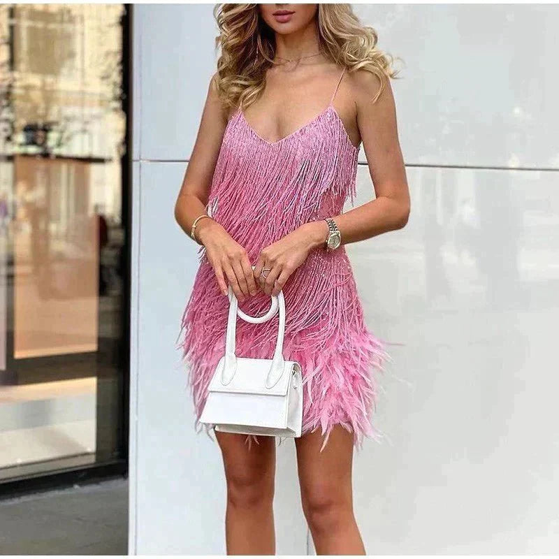 Women's V-Neck Mini Dress Spaghetti Straps Fringe