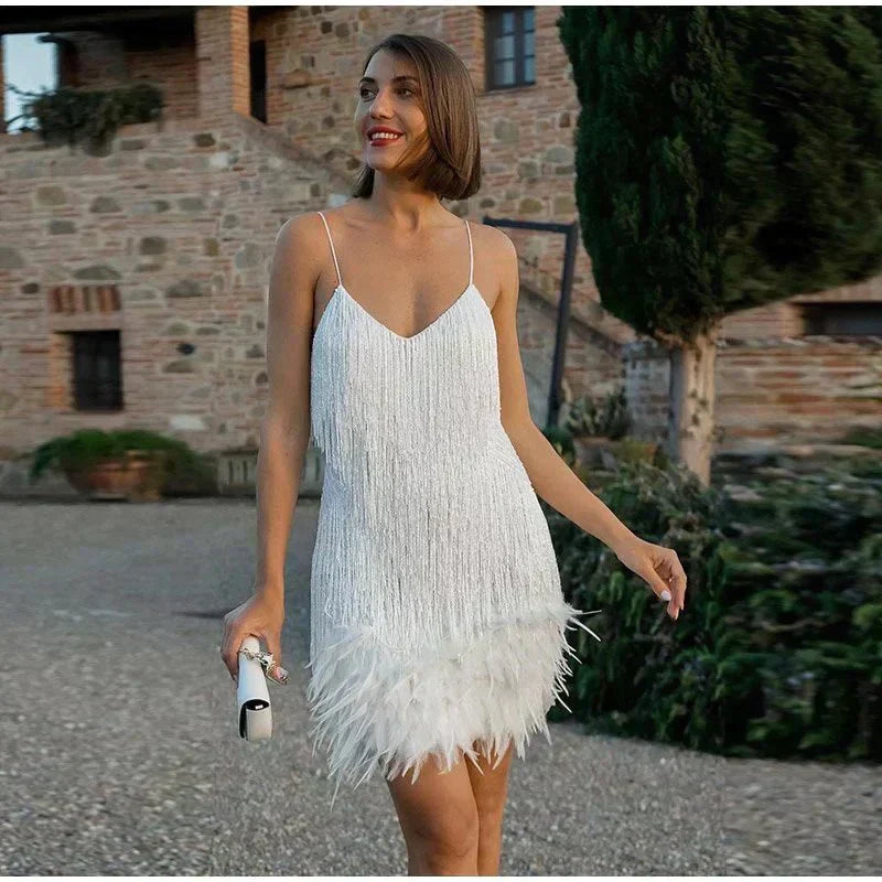 Women's V-Neck Mini Dress Spaghetti Straps Fringe